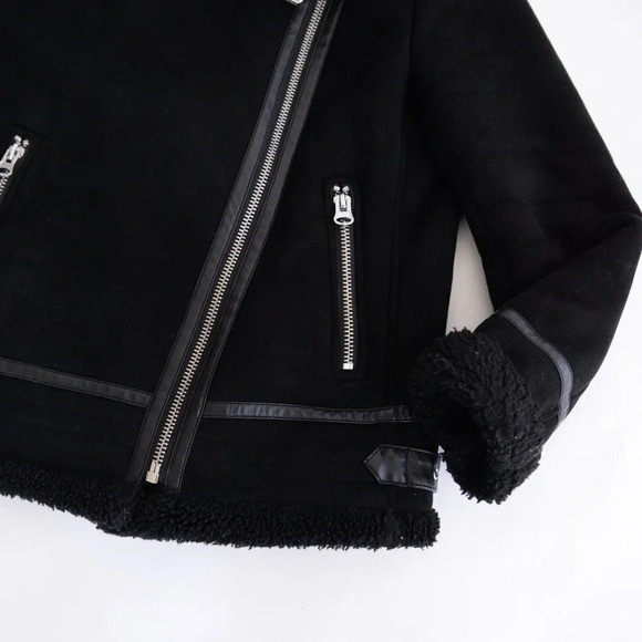 Zara Black Faux Shearling Bomber  Moto Jacket Small - Picture 7 of 16